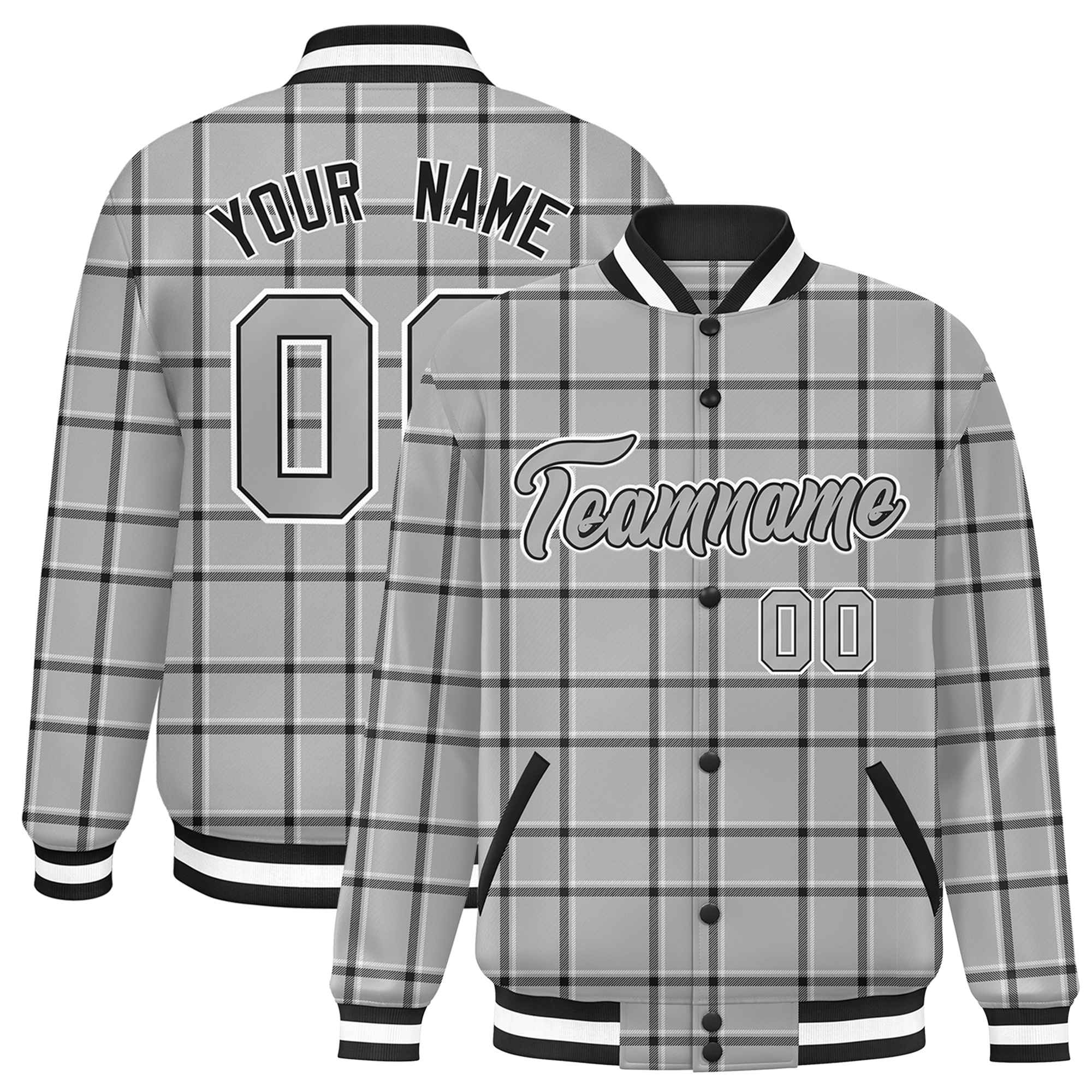 Custom Gray Black Varsity Full-Snap Plaid Pattern Letterman Baseball Jacket