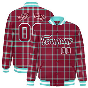 Custom Crimson Varsity Full-Snap Plaid Pattern Letterman Baseball Jacket