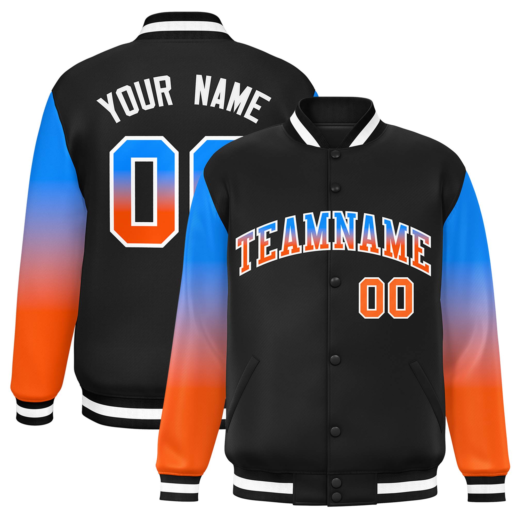 Custom Black Powder Blue-Orange Gradient Varsity Full-Snap Raglan Sleeves Baseball Jacket