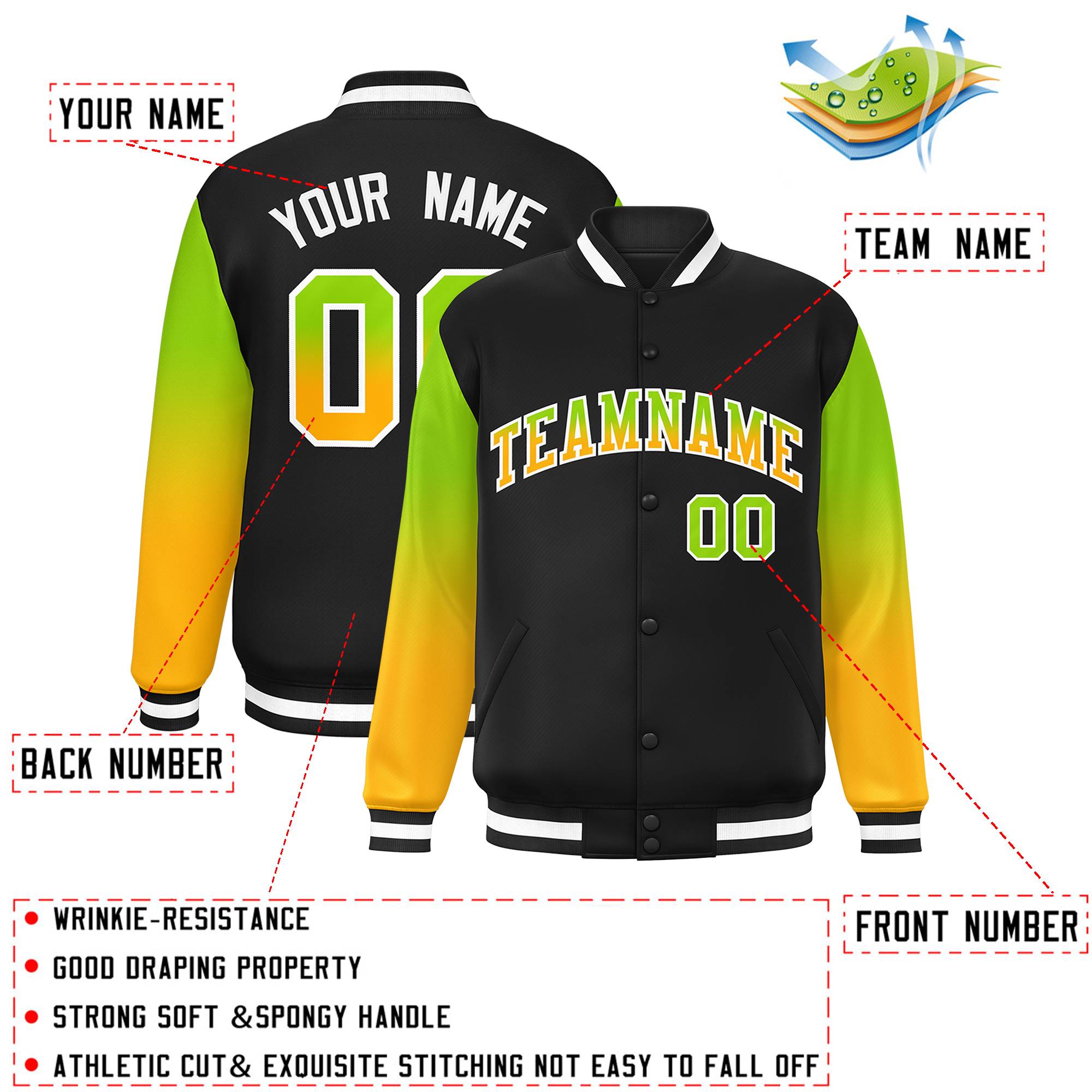 Custom Black Neon Green-Yellow Gradient Varsity Full-Snap Raglan Sleeves Baseball Jacket