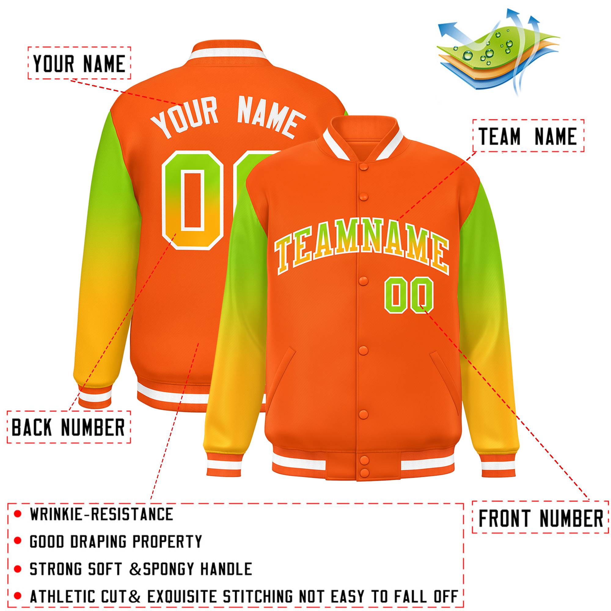 Custom Orange Neon Green-Yellow Gradient Varsity Full-Snap Raglan Sleeves Baseball Jacket