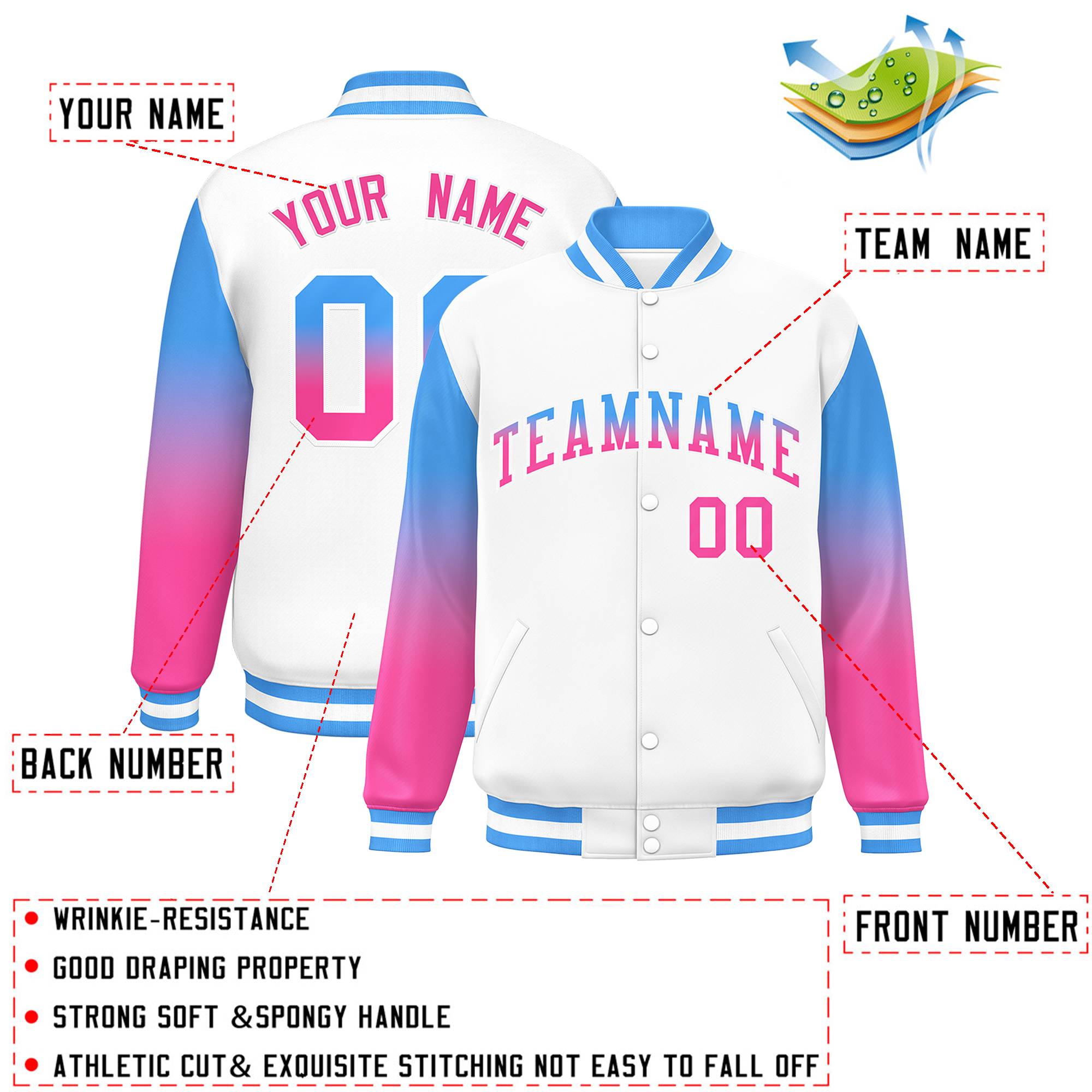 Custom White Powder Blue-Pink Gradient Varsity Full-Snap Raglan Sleeves Baseball Jacket