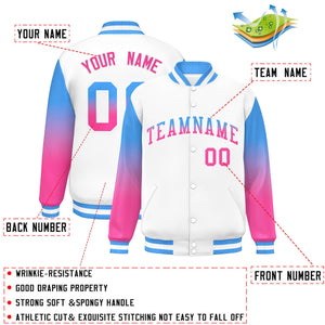 Custom White Powder Blue-Pink Gradient Varsity Full-Snap Raglan Sleeves Baseball Jacket