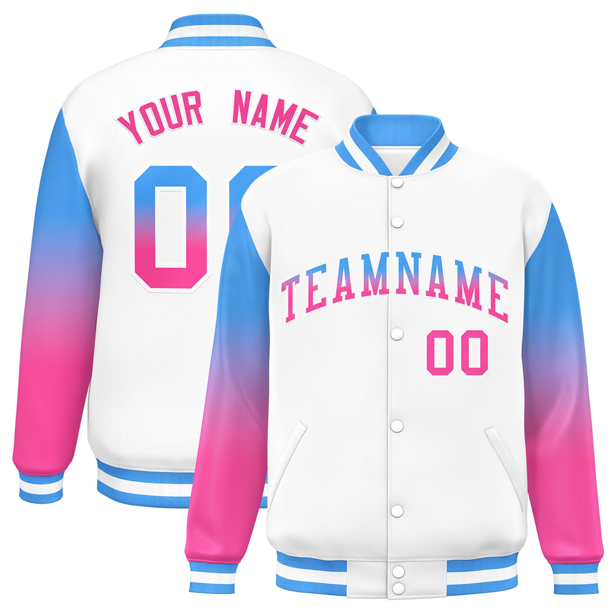 Custom White Powder Blue-Pink Gradient Varsity Full-Snap Raglan Sleeves Baseball Jacket