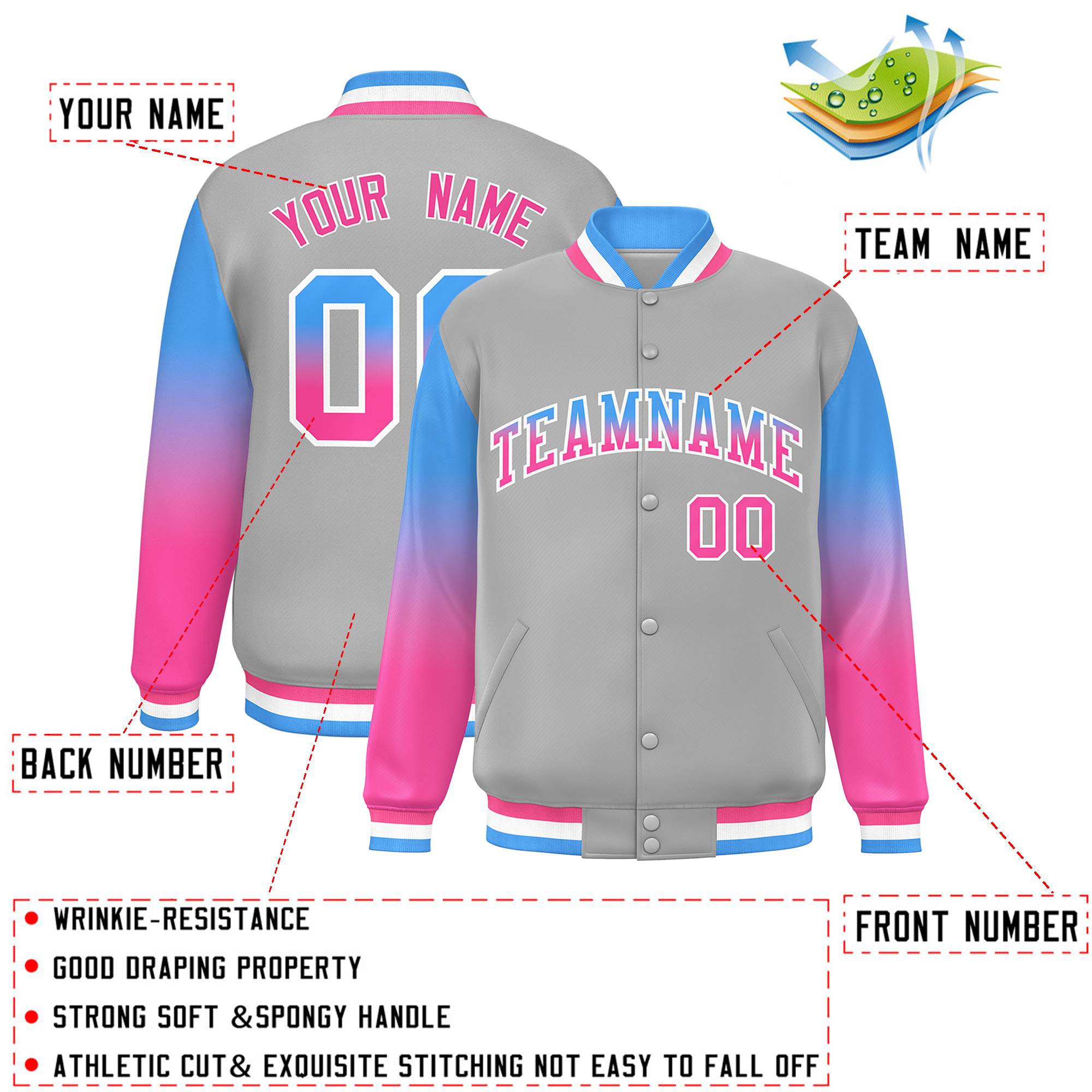 Custom Gray Powder Blue-Pink Gradient Varsity Full-Snap Raglan Sleeves Baseball Jacket