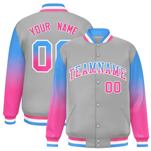 Custom Gray Powder Blue-Pink Gradient Varsity Full-Snap Raglan Sleeves Baseball Jacket