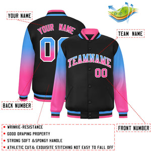 Custom Black Powder Blue-Pink Gradient Varsity Full-Snap Raglan Sleeves Baseball Jacket