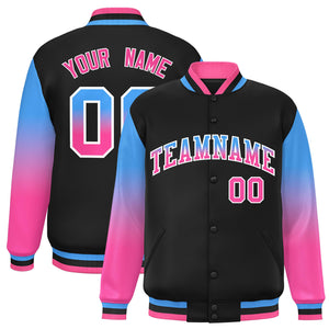 Custom Black Powder Blue-Pink Gradient Varsity Full-Snap Raglan Sleeves Baseball Jacket