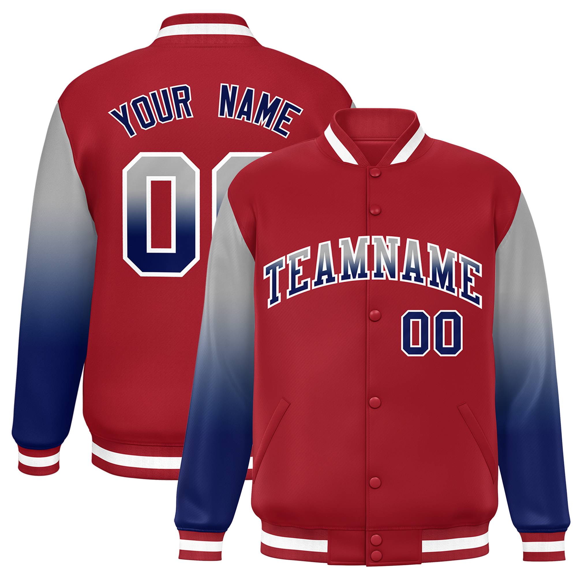 Custom Red Gray-Royal Gradient Varsity Full-Snap Raglan Sleeves Baseball Jacket