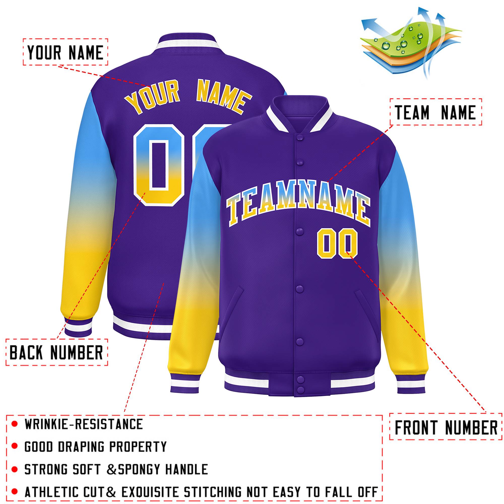 Custom Purple Powder Blue-Gold Gradient Varsity Full-Snap Raglan Sleeves Baseball Jacket