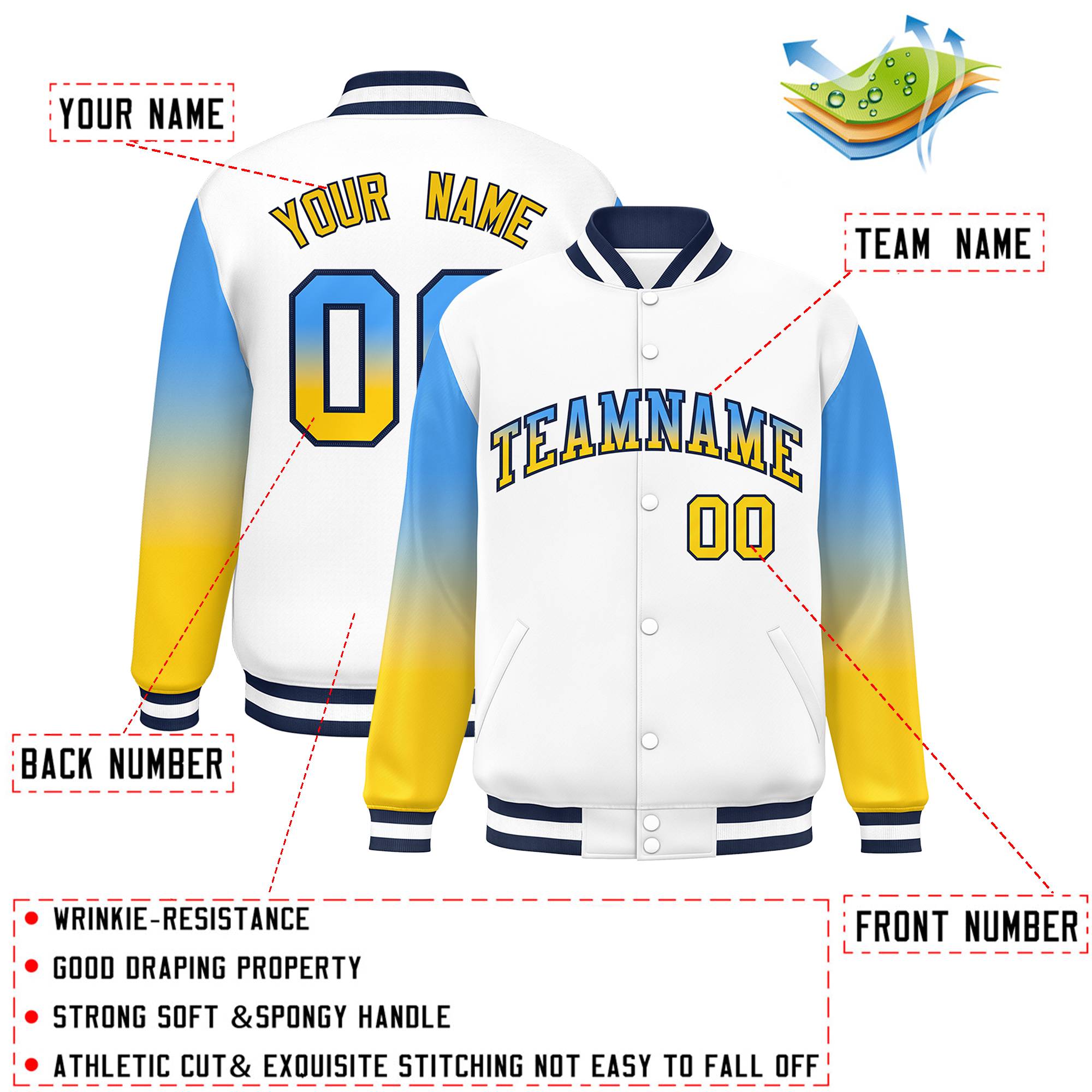 Custom White Powder Blue-Gold Gradient Varsity Full-Snap Raglan Sleeves Baseball Jacket