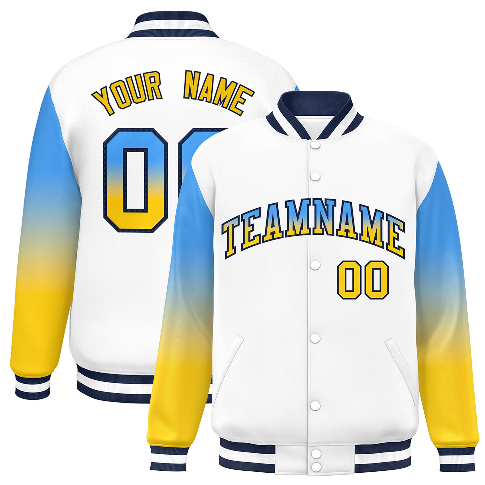 Custom White Powder Blue-Gold Gradient Varsity Full-Snap Raglan Sleeves Baseball Jacket