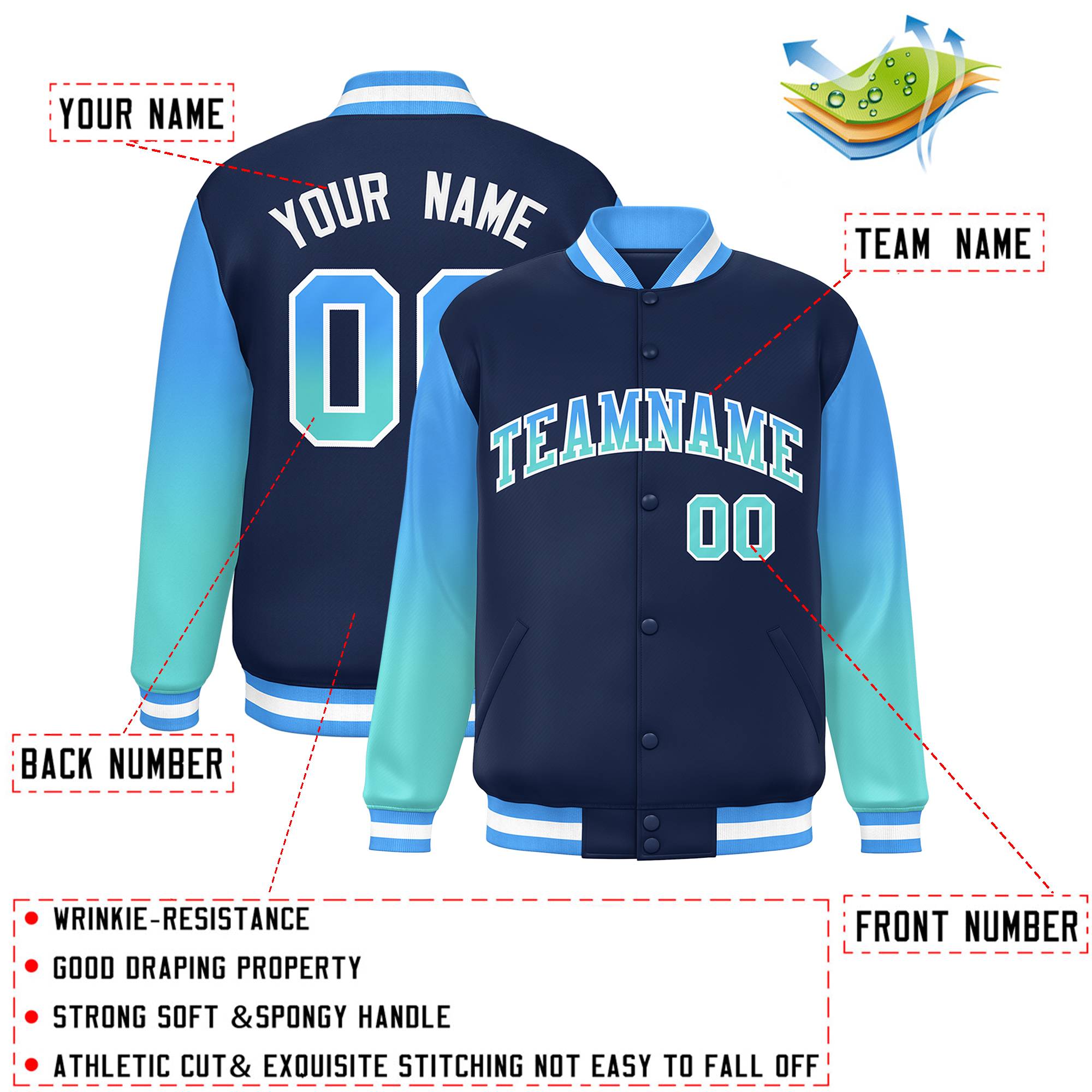 Custom Navy Powder Blue-Bright Green Gradient Varsity Full-Snap Raglan Sleeves Baseball Jacket