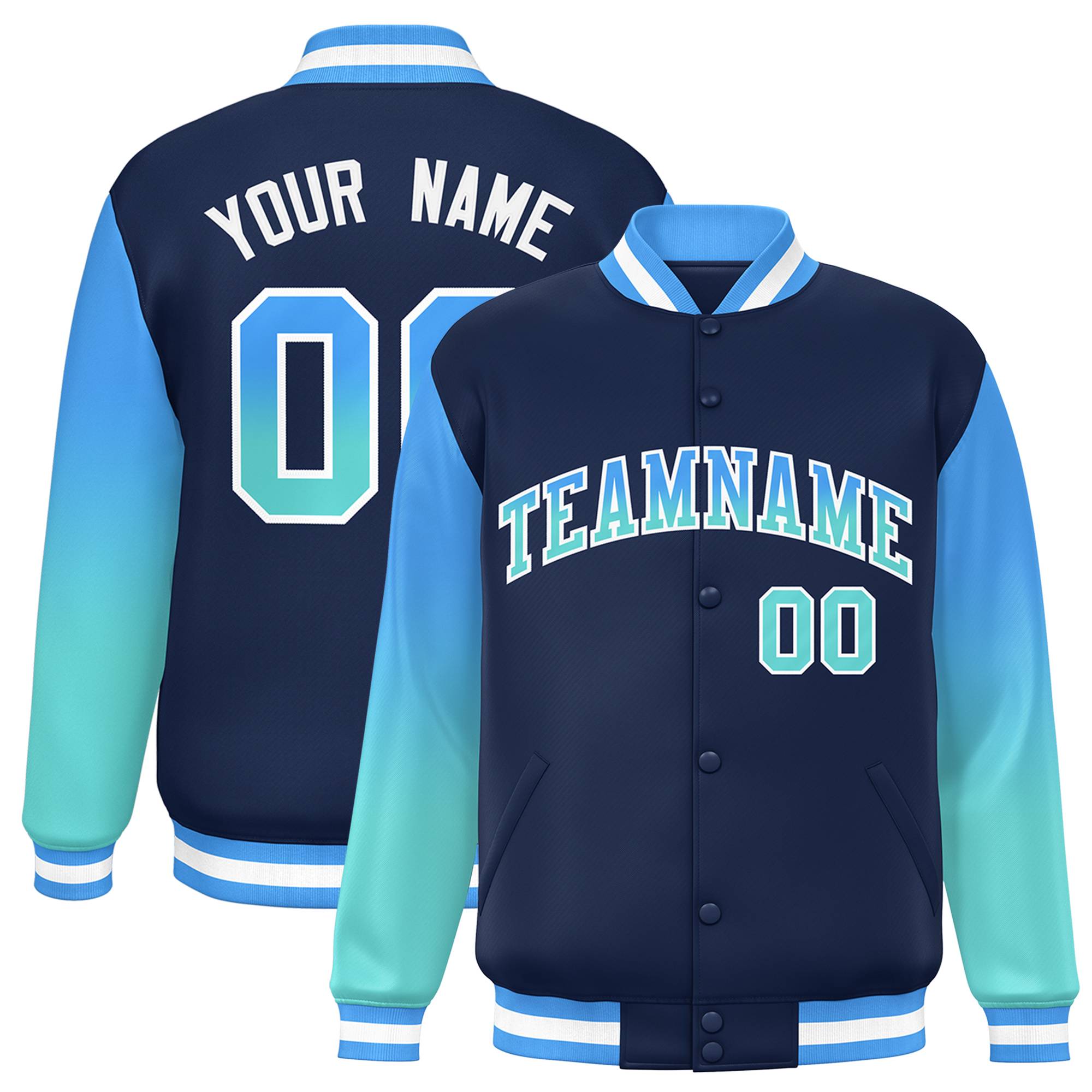 Custom Navy Powder Blue-Bright Green Gradient Varsity Full-Snap Raglan Sleeves Baseball Jacket