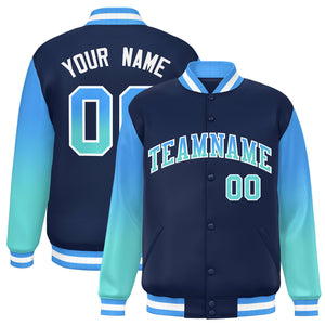 Custom Navy Powder Blue-Bright Green Gradient Varsity Full-Snap Raglan Sleeves Baseball Jacket