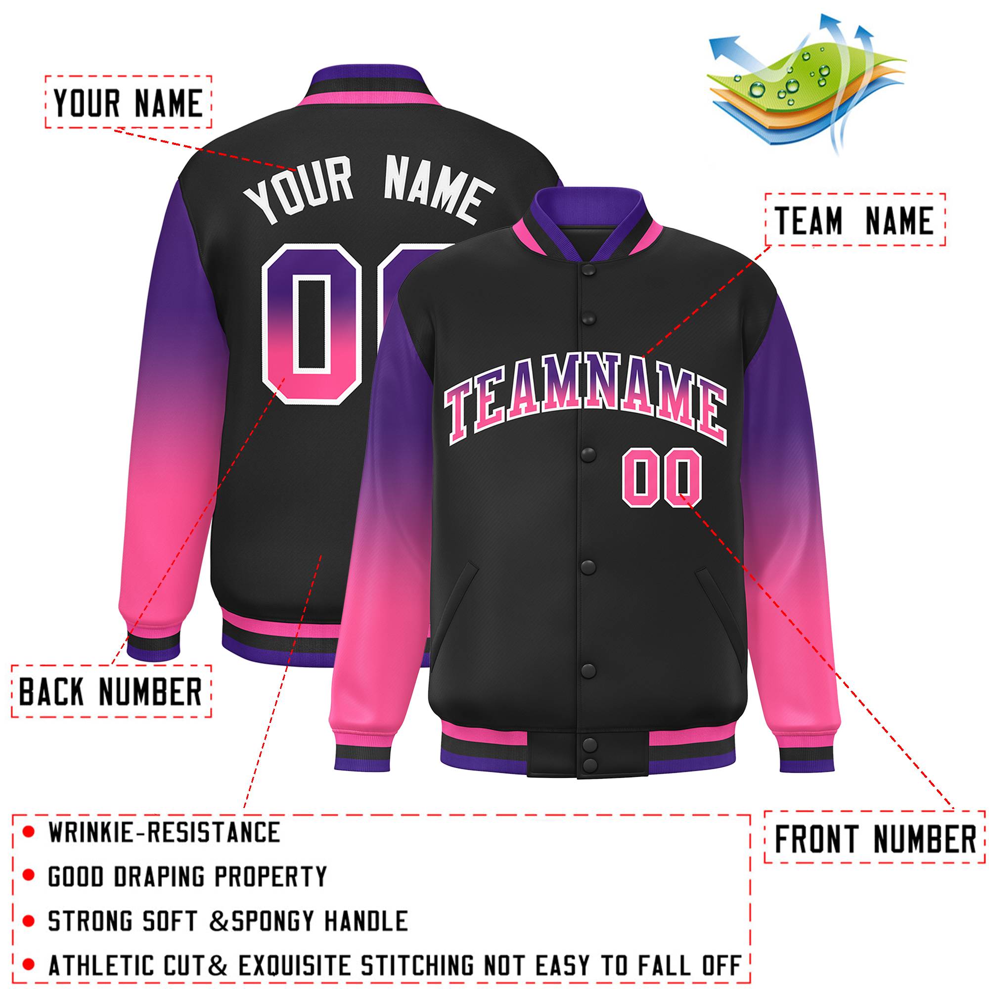 Custom Black Purple-Pink Gradient Varsity Full-Snap Raglan Sleeves Baseball Jacket