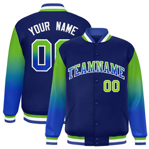 Custom Navy Neon Green-Royal Gradient Varsity Full-Snap Raglan Sleeves Baseball Jacket