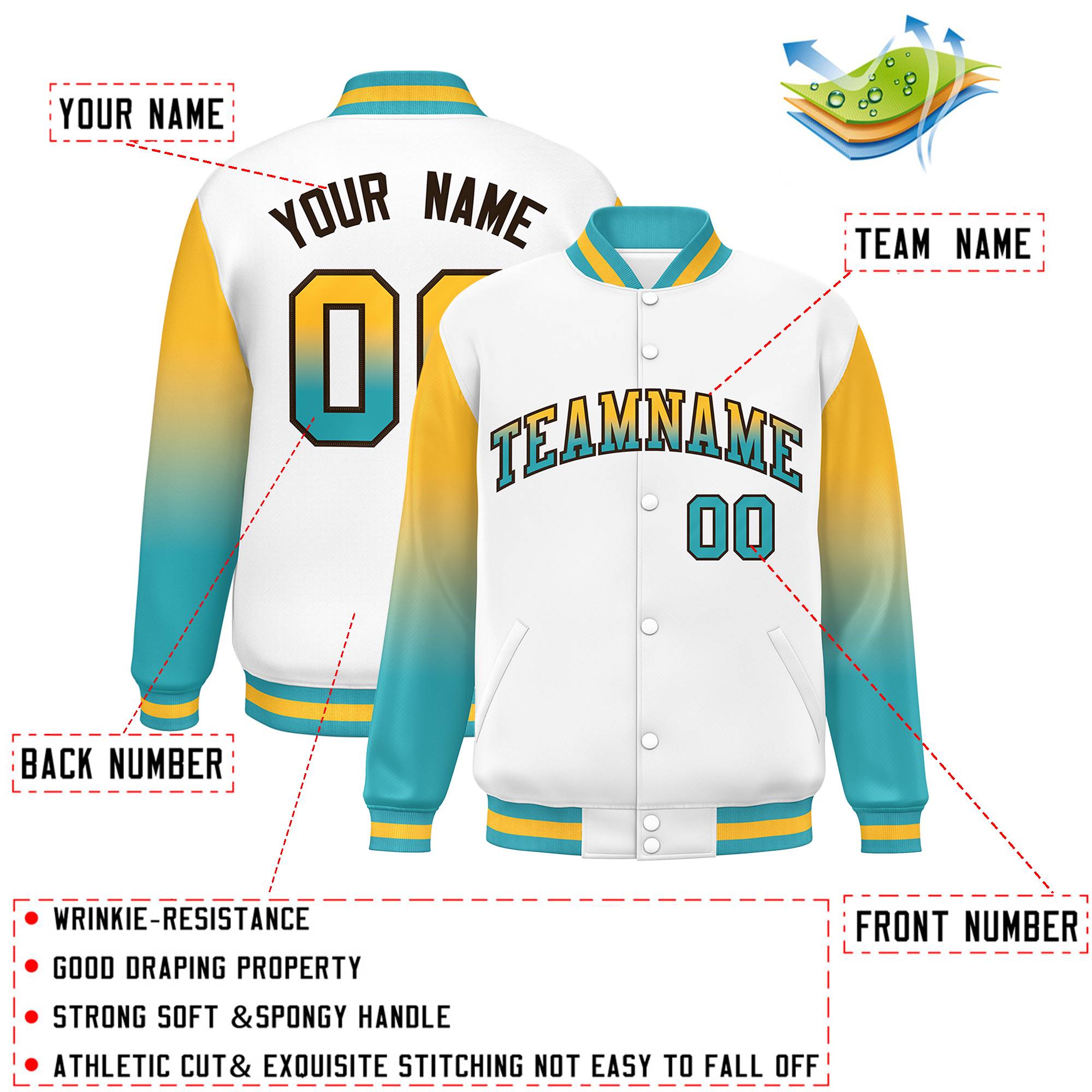 Custom White Yellow-Aqua Gradient Varsity Full-Snap Raglan Sleeves Baseball Jacket