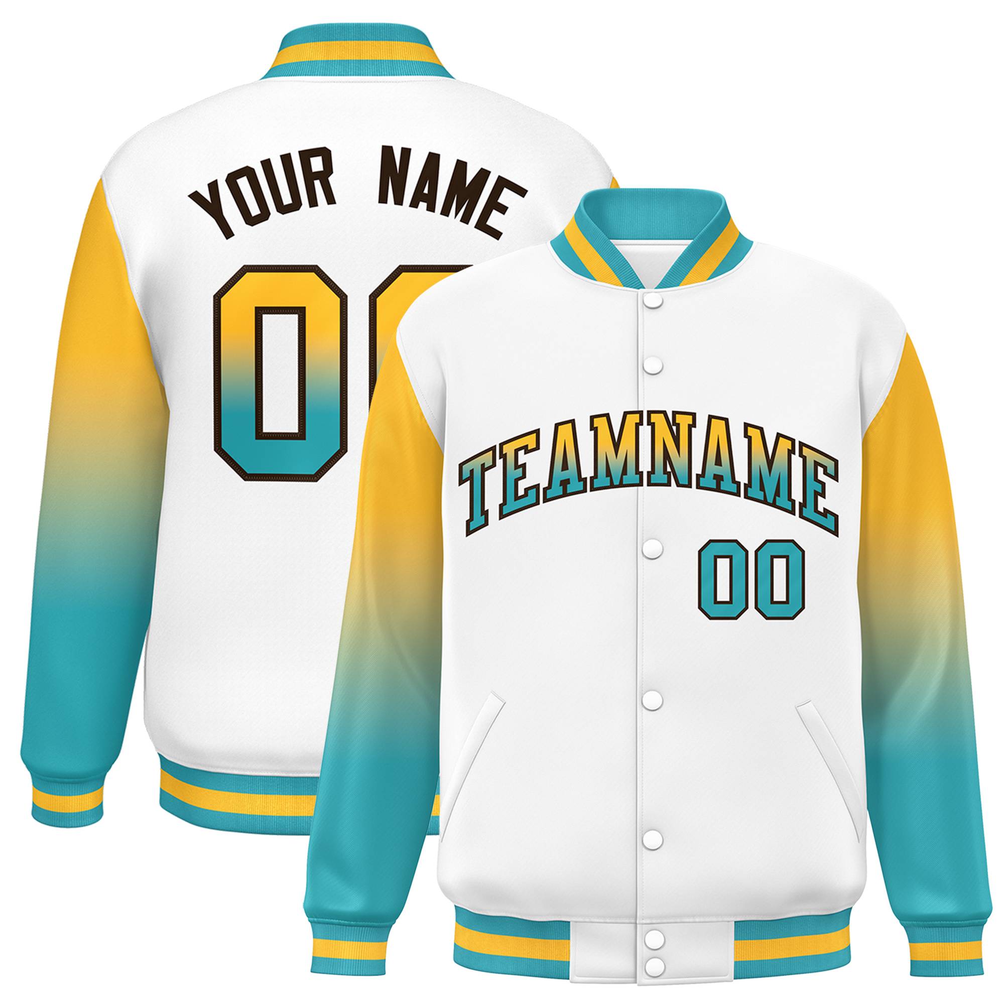 Custom White Yellow-Aqua Gradient Varsity Full-Snap Raglan Sleeves Baseball Jacket