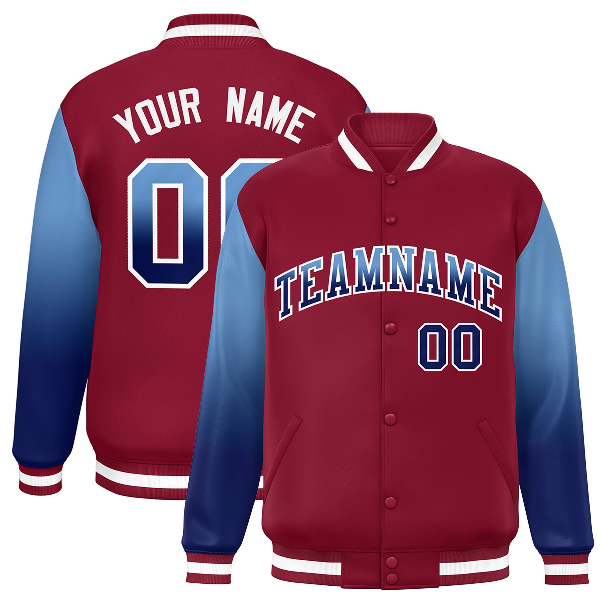 Custom Crimson Light Blue-Navy Gradient Varsity Full-Snap Raglan Sleeves Baseball Jacket