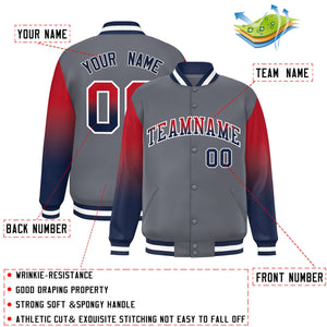 Custom Dark Gray Red-Navy Gradient Varsity Full-Snap Raglan Sleeves Baseball Jacket