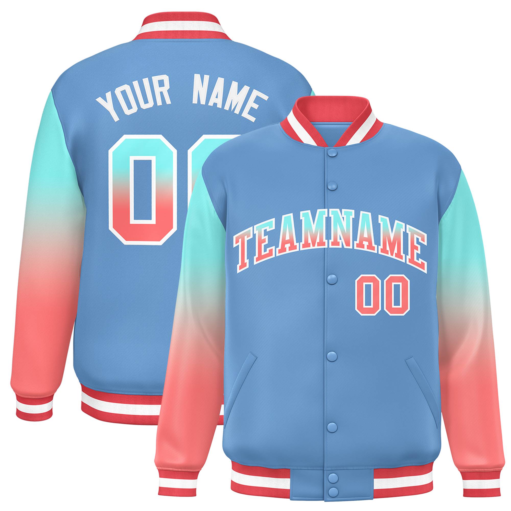 Custom Light Blue Bright Green-Light Red Gradient Varsity Full-Snap Raglan Sleeves Baseball Jacket