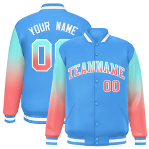 Custom Powder Blue Bright Green-Light Red Gradient Varsity Full-Snap Raglan Sleeves Baseball Jacket