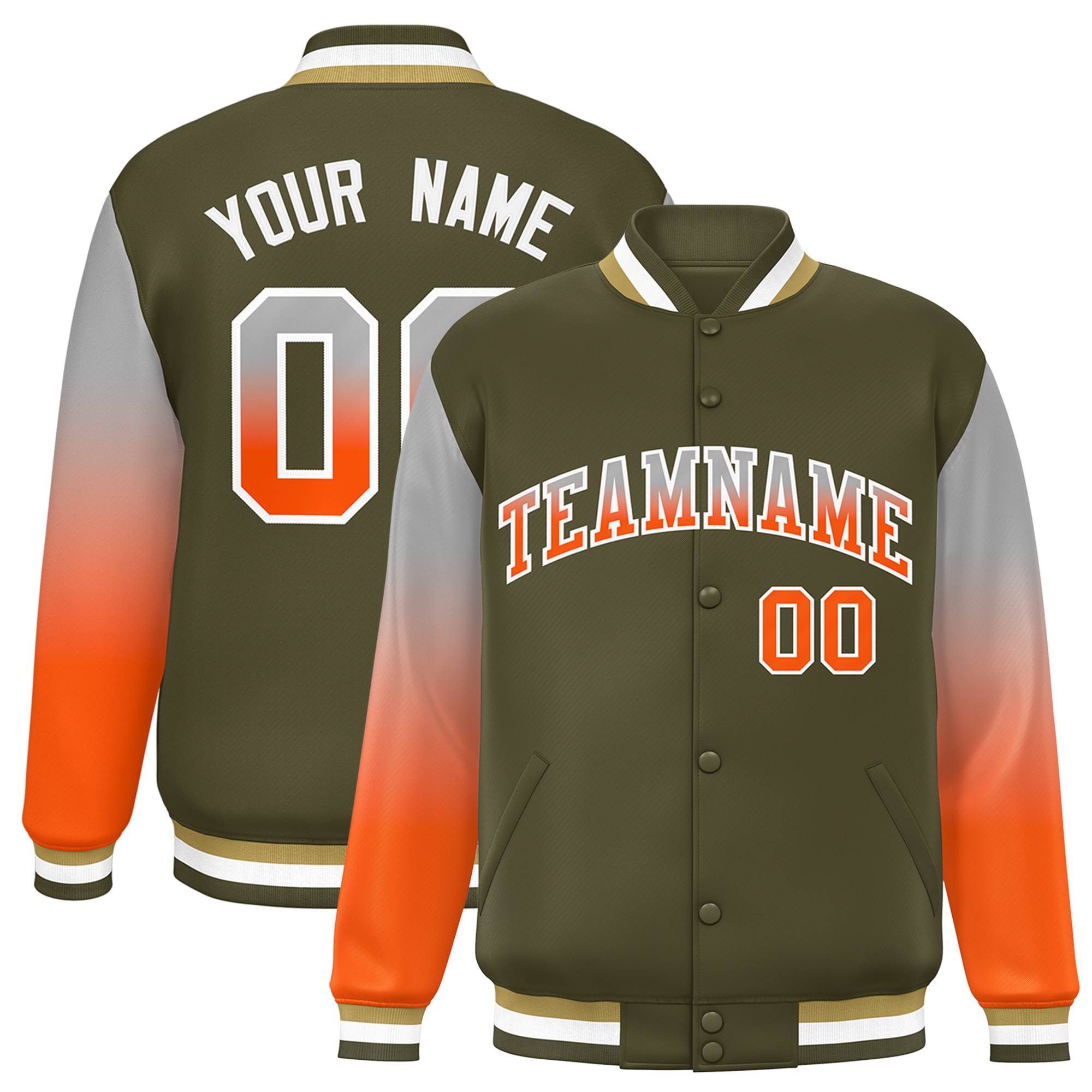 Custom Olive Gray-Orange Gradient Varsity Full-Snap Raglan Sleeves Baseball Jacket