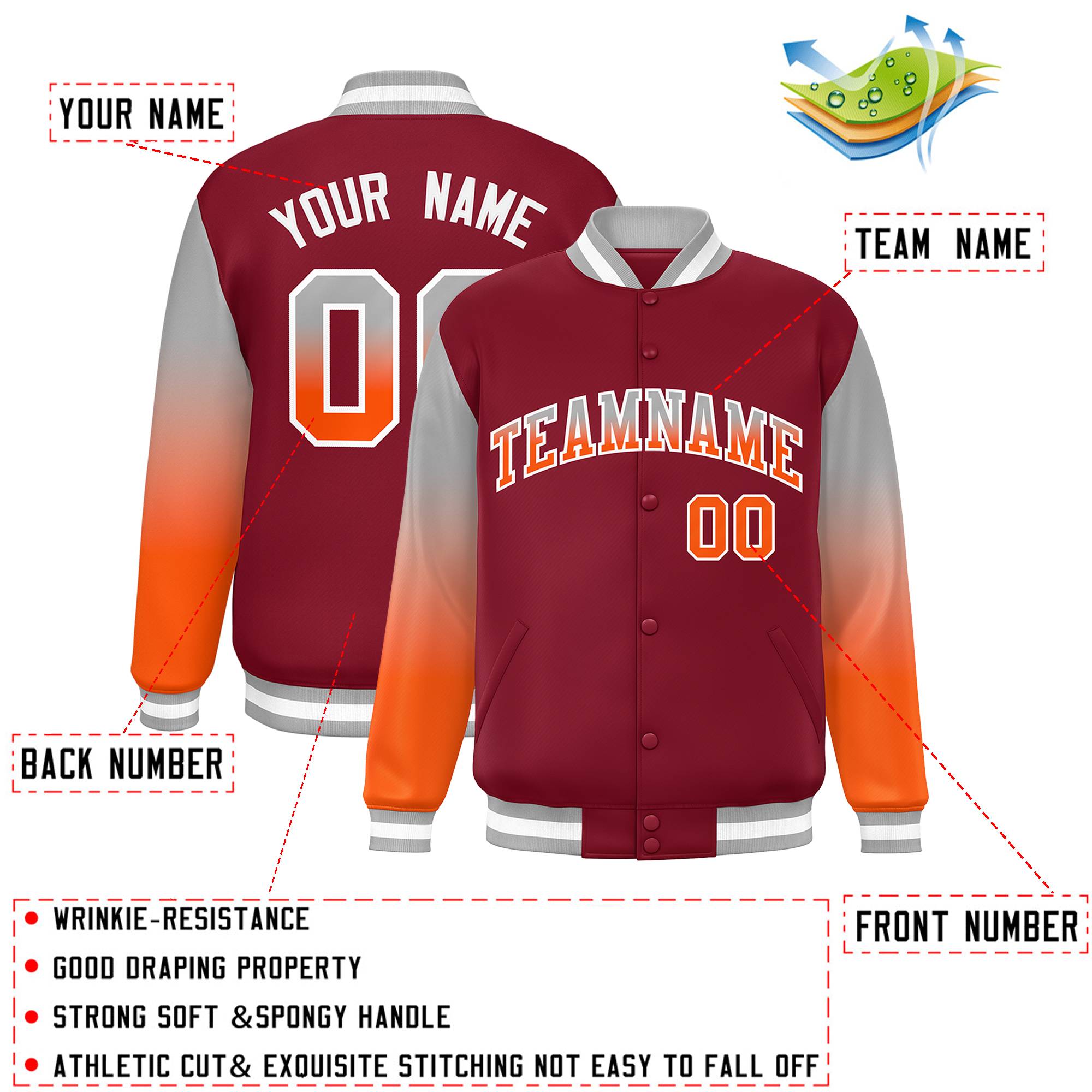 Custom Crimson Gray-Orange Gradient Varsity Full-Snap Raglan Sleeves Baseball Jacket