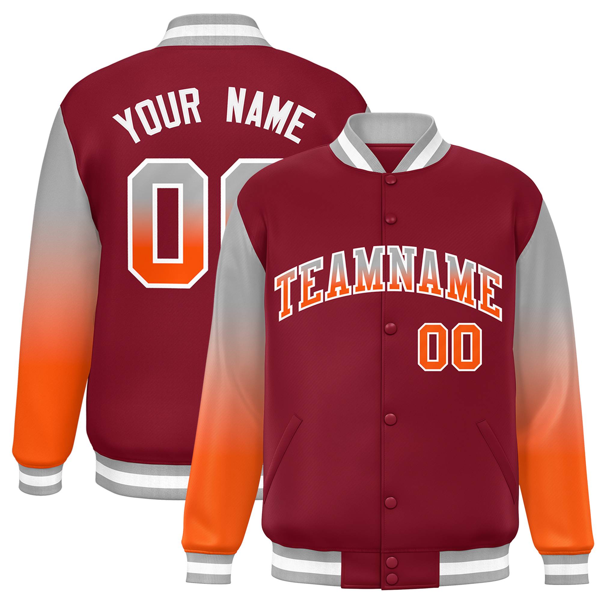 Custom Crimson Gray-Orange Gradient Varsity Full-Snap Raglan Sleeves Baseball Jacket