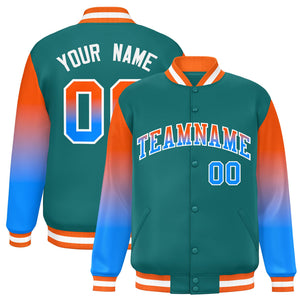 Custom Aqua Orange-Powder Blue Gradient Varsity Full-Snap Raglan Sleeves Baseball Jacket