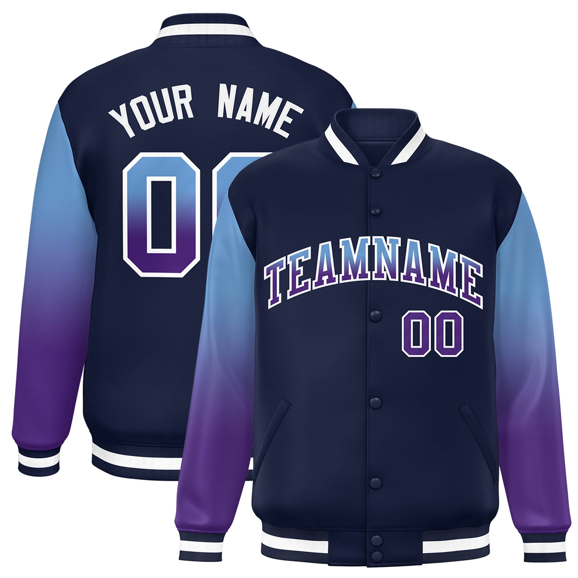 Custom Navy Light Blue-Purple Gradient Varsity Full-Snap Raglan Sleeves Baseball Jacket