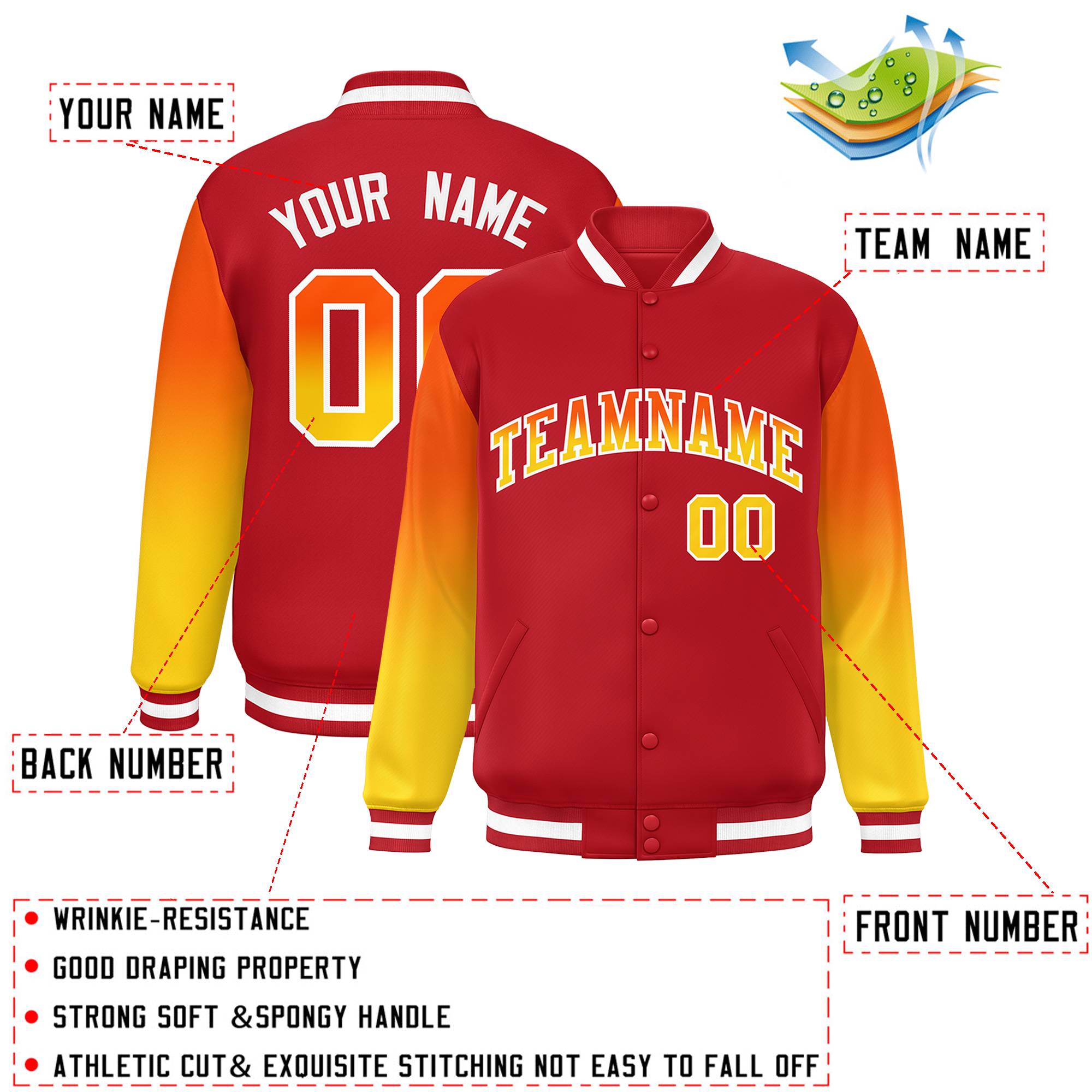 Custom Red Orange-Gold Gradient Varsity Full-Snap Raglan Sleeves Baseball Jacket