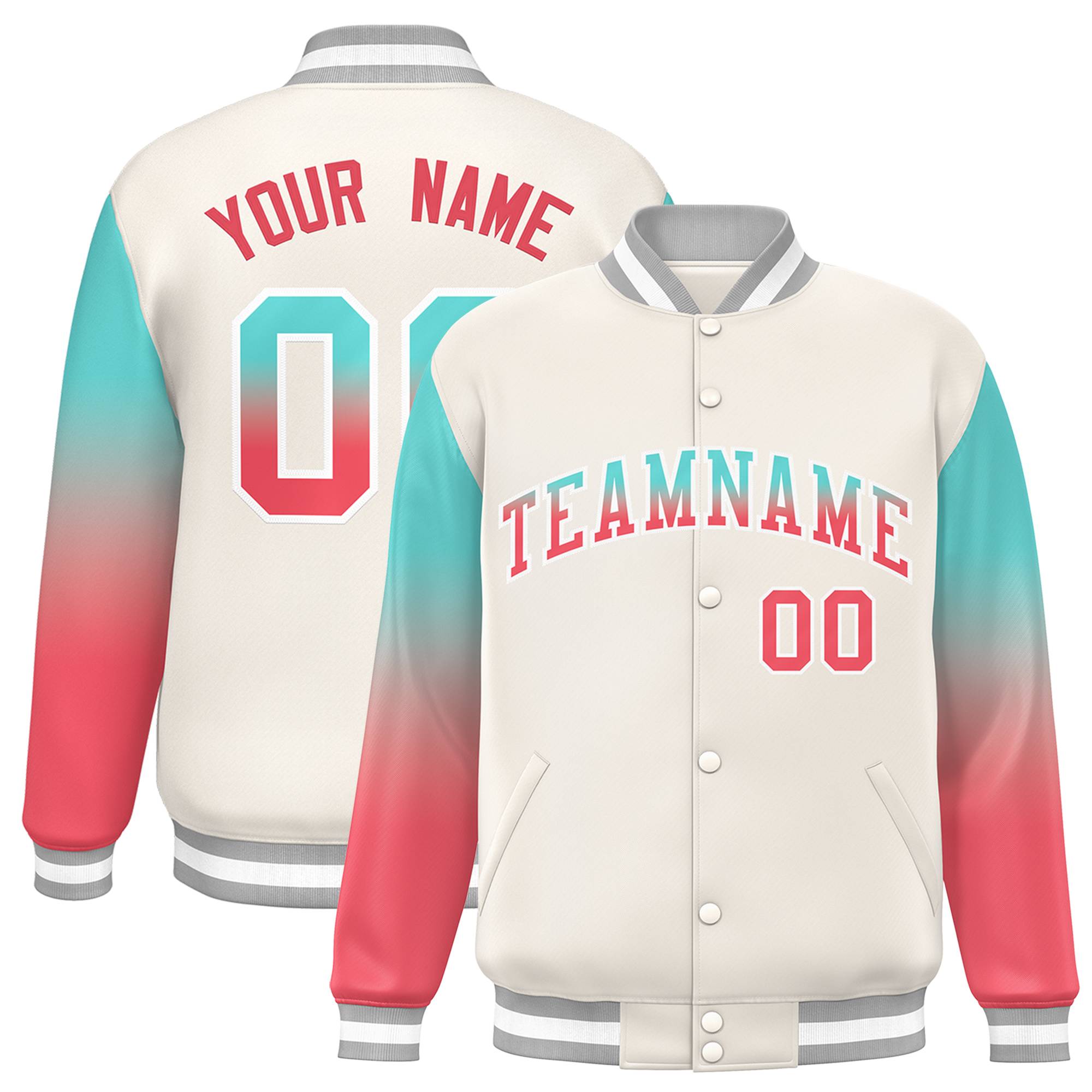 Custom White Bright Green-Light Red Gradient Varsity Full-Snap Raglan Sleeves Baseball Jacket