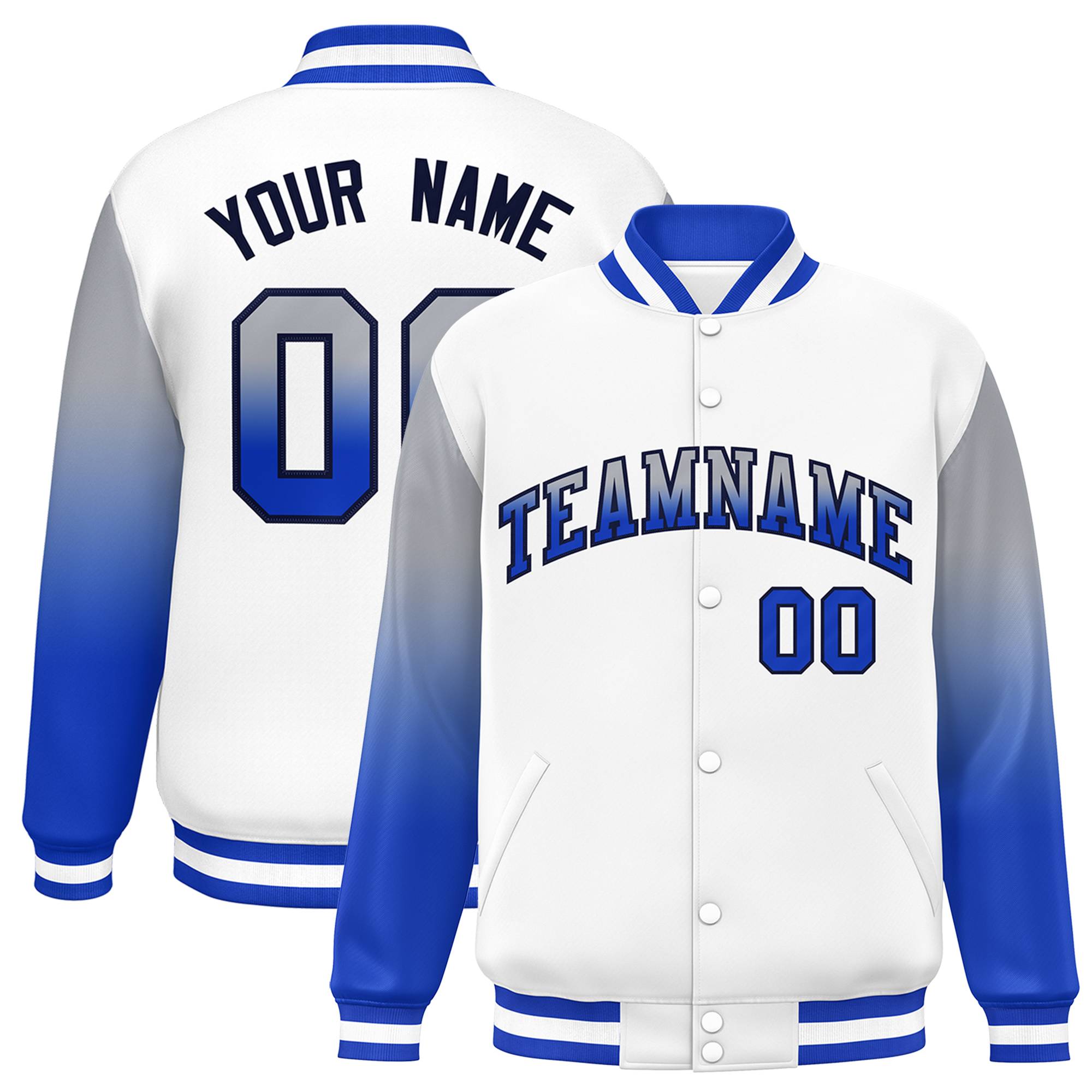 Custom White Gray-Royal Gradient Varsity Full-Snap Raglan Sleeves Baseball Jacket