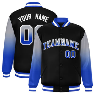 Custom Black Gray-Royal Gradient Varsity Full-Snap Raglan Sleeves Baseball Jacket