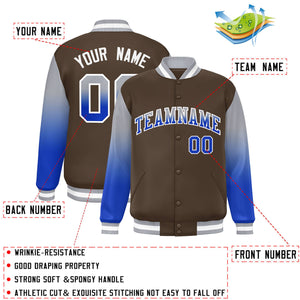 Custom Light Brown Gray-Royal Gradient Varsity Full-Snap Raglan Sleeves Baseball Jacket