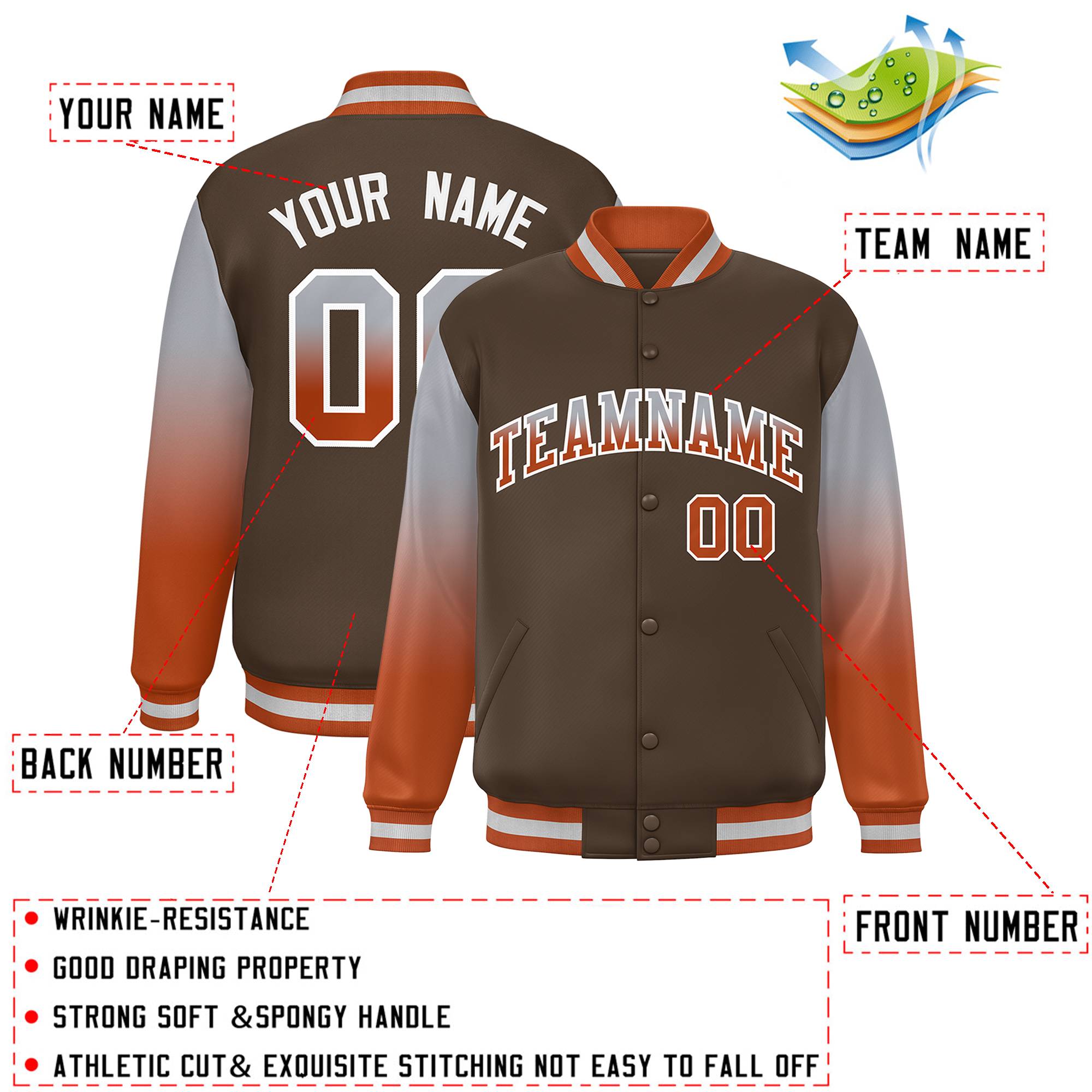 Custom Light Brown Gray-Texas Orange Gradient Varsity Full-Snap Raglan Sleeves Baseball Jacket