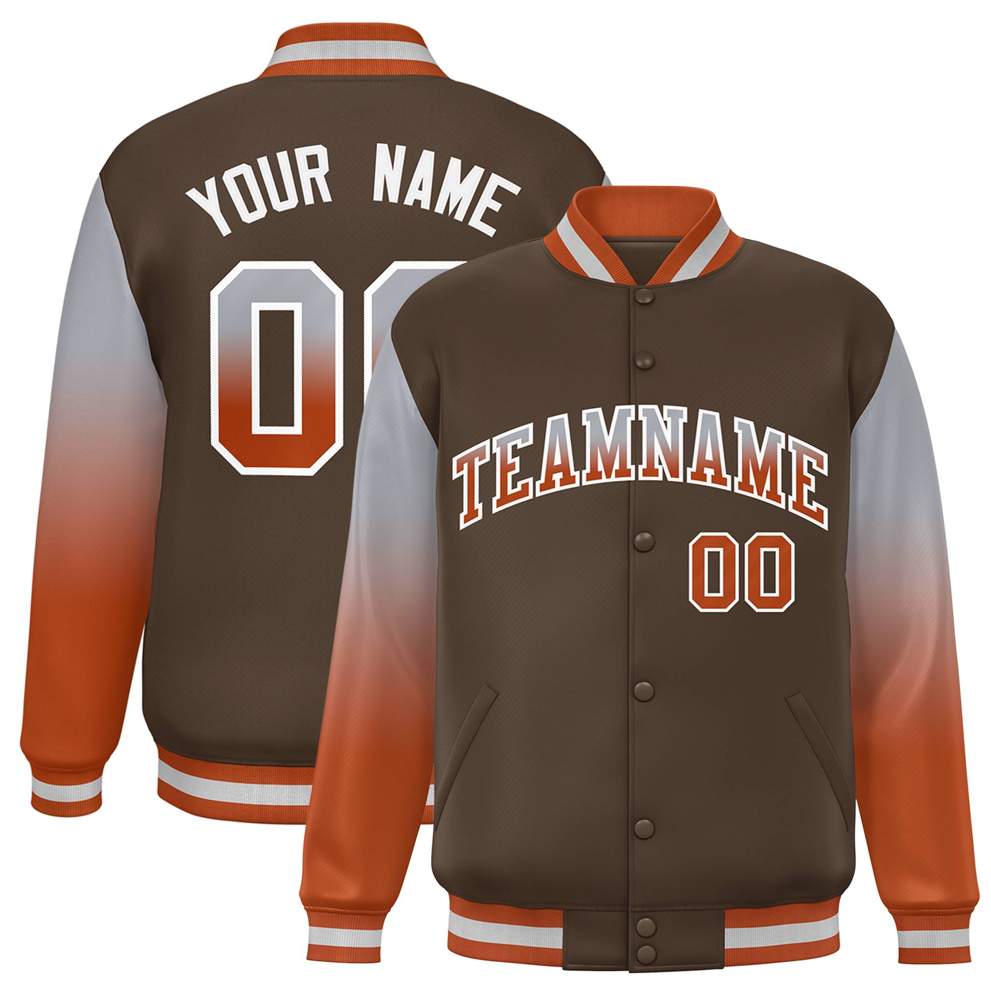 Custom Light Brown Gray-Texas Orange Gradient Varsity Full-Snap Raglan Sleeves Baseball Jacket