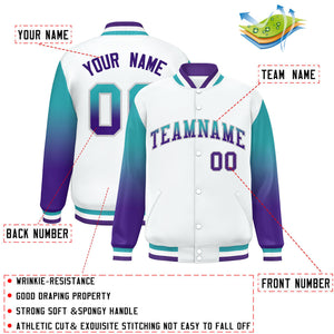 Custom White Aqua-Purple Gradient Varsity Full-Snap Raglan Sleeves Baseball Jacket