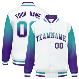 Custom White Aqua-Purple Gradient Varsity Full-Snap Raglan Sleeves Baseball Jacket