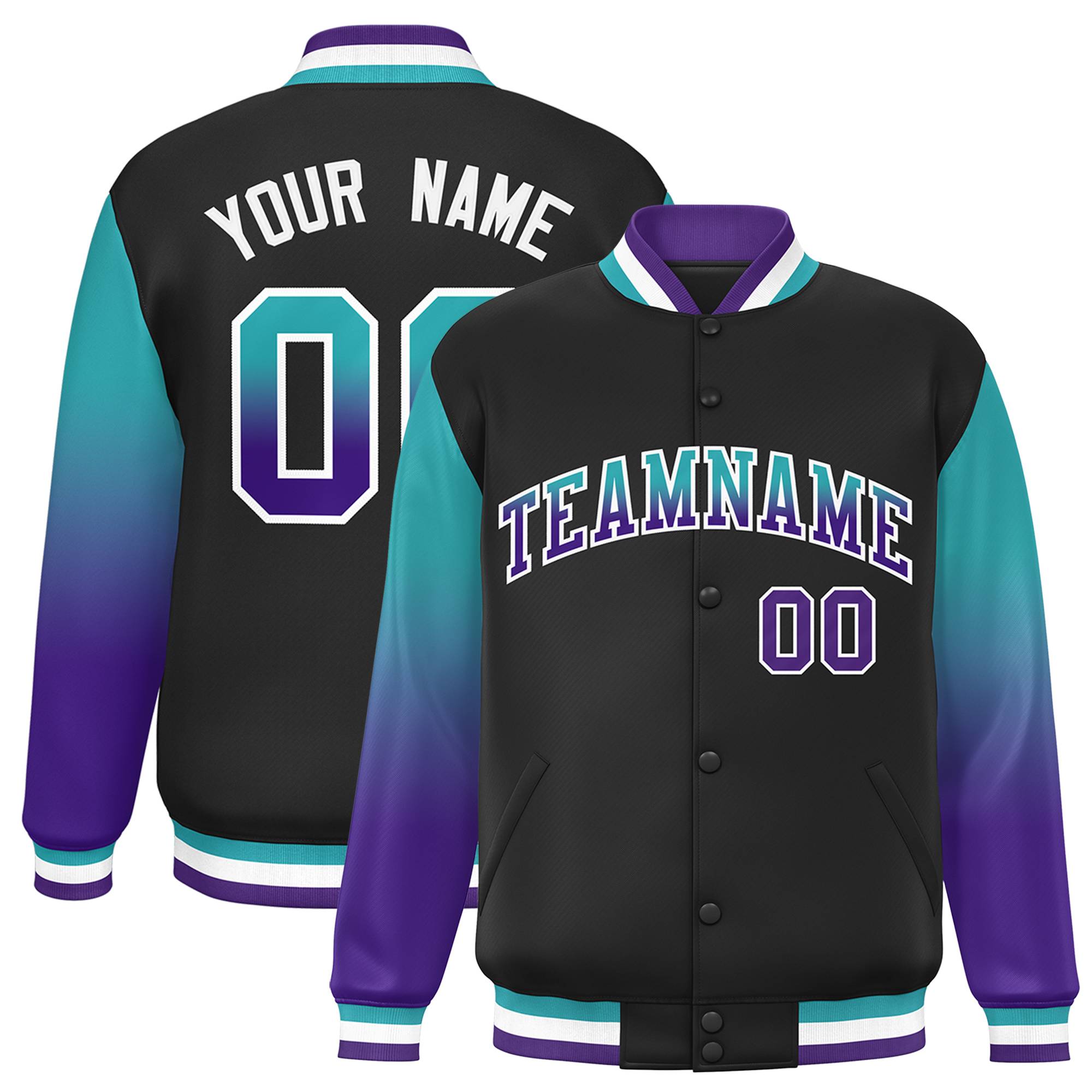 Custom Black Aqua-Purple Gradient Varsity Full-Snap Raglan Sleeves Baseball Jacket