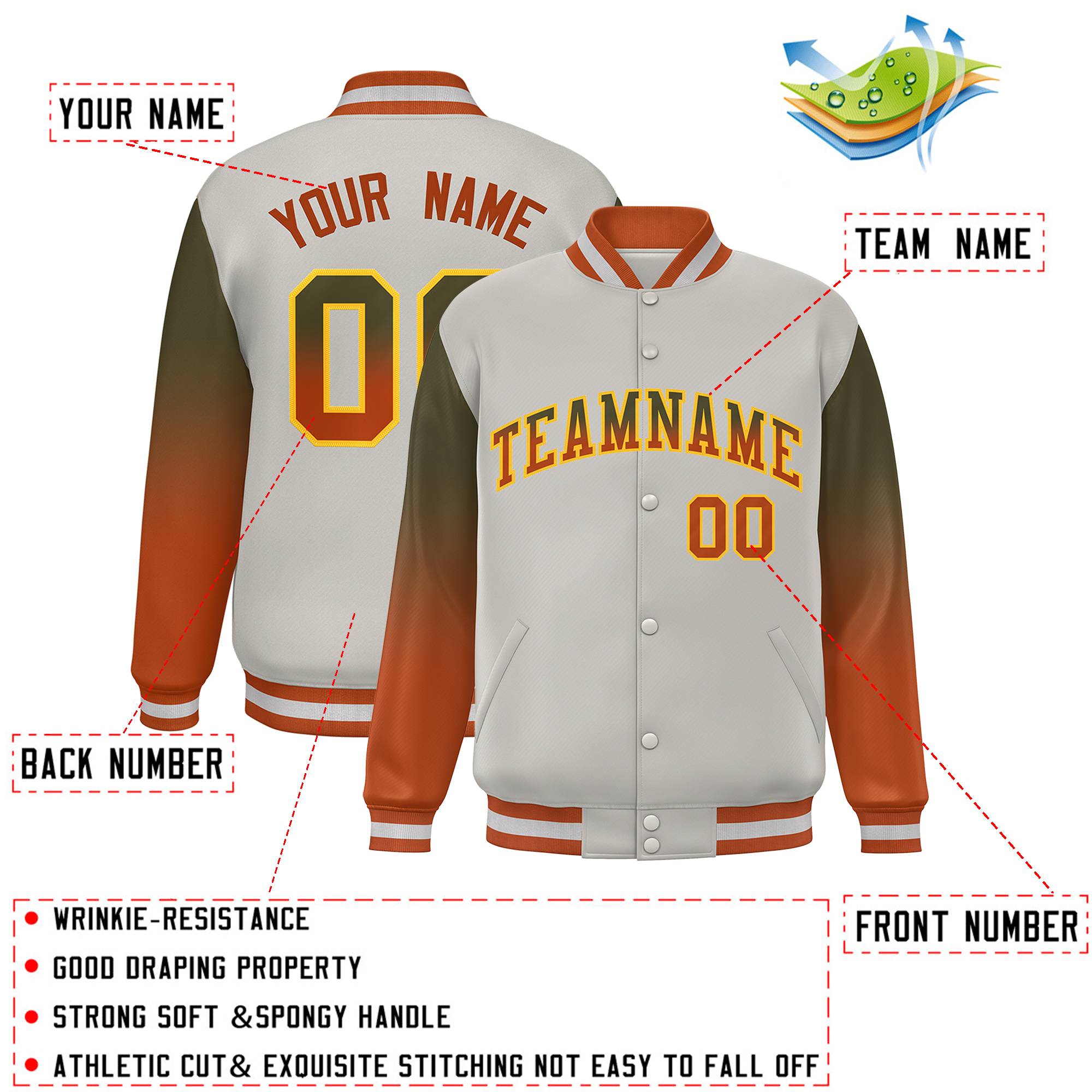 Custom Gray Olive-Texas Orange Gradient Varsity Full-Snap Raglan Sleeves Baseball Jacket