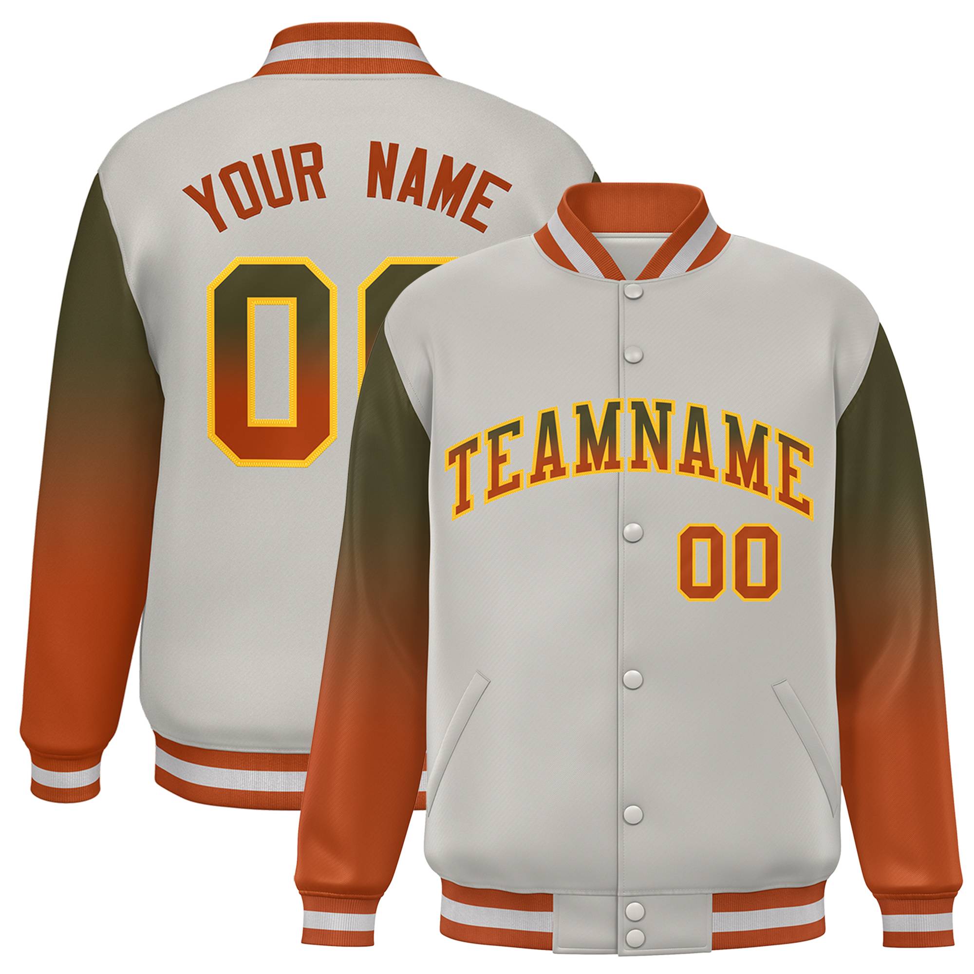 Custom Gray Olive-Texas Orange Gradient Varsity Full-Snap Raglan Sleeves Baseball Jacket