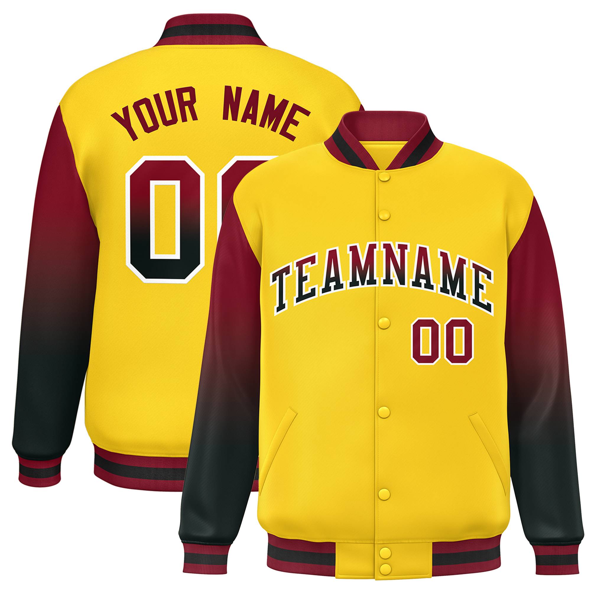 Custom Gold Crimson-Black Gradient Varsity Full-Snap Raglan Sleeves Baseball Jacket