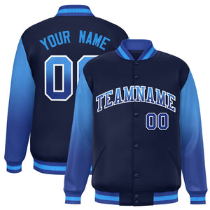 Custom Navy Powder Blue-Royal Gradient Varsity Full-Snap Raglan Sleeves Baseball Jacket