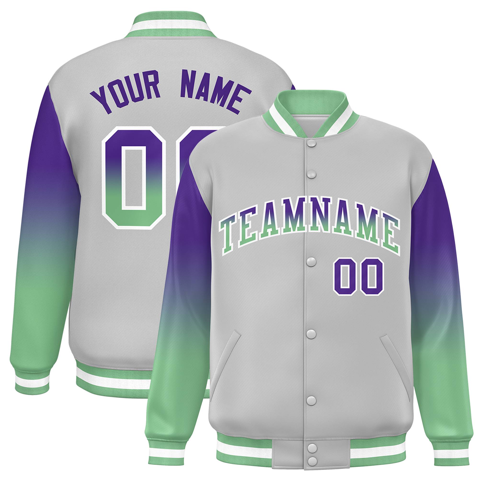 Custom Gray Purple-Green Gradient Varsity Full-Snap Raglan Sleeves Baseball Jacket