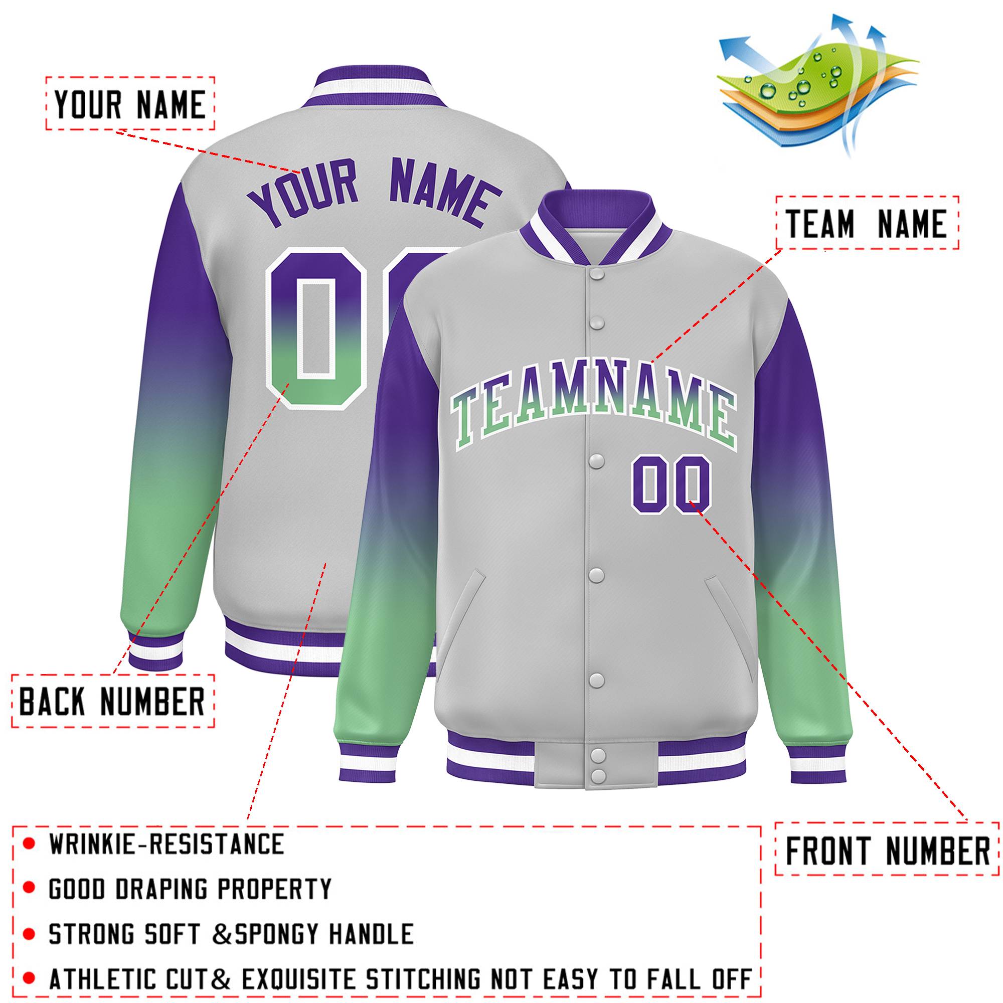 Custom Gray Purple-Green Gradient Varsity Full-Snap Raglan Sleeves Baseball Jacket