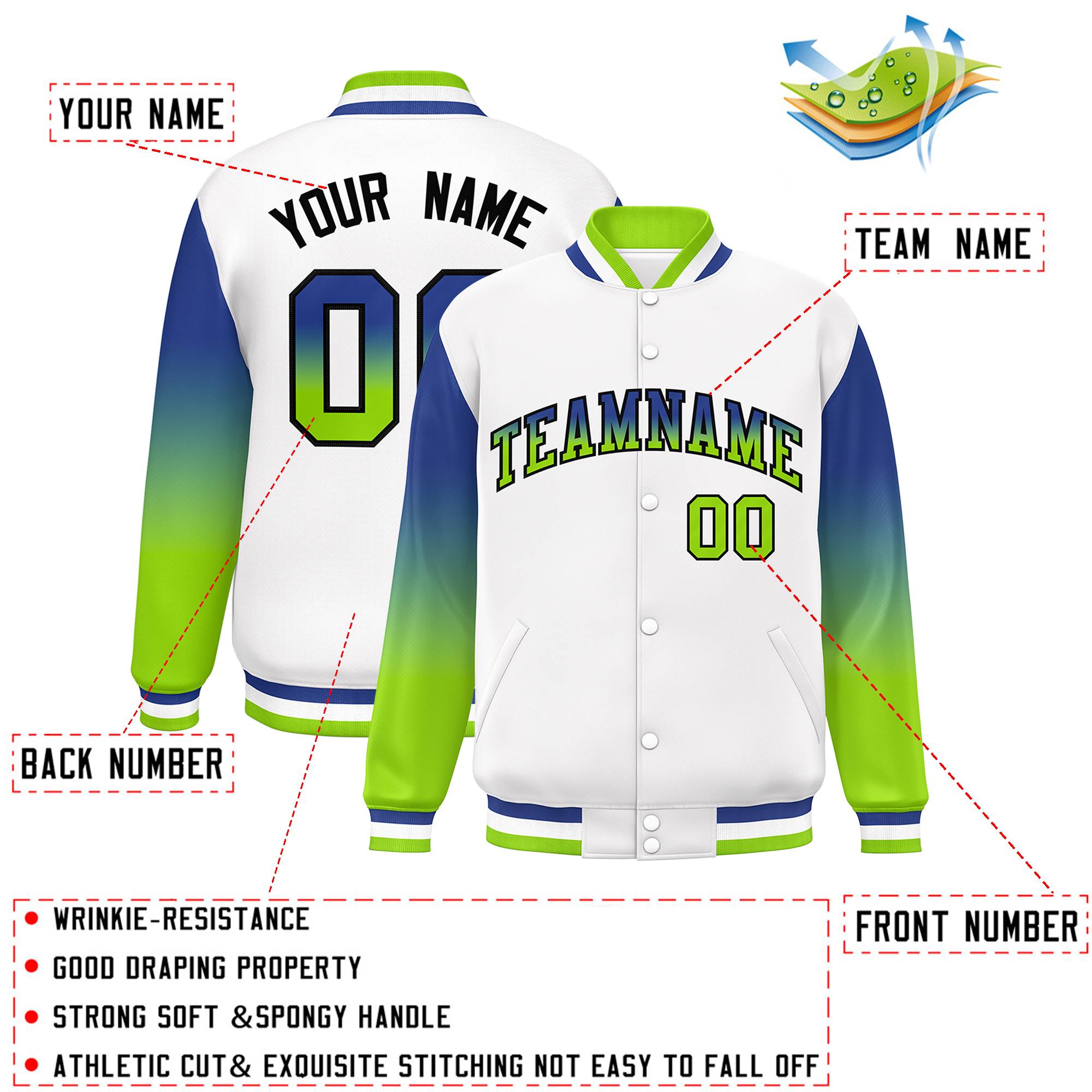 Custom White Royal-Green Gradient Varsity Full-Snap Raglan Sleeves Baseball Jacket