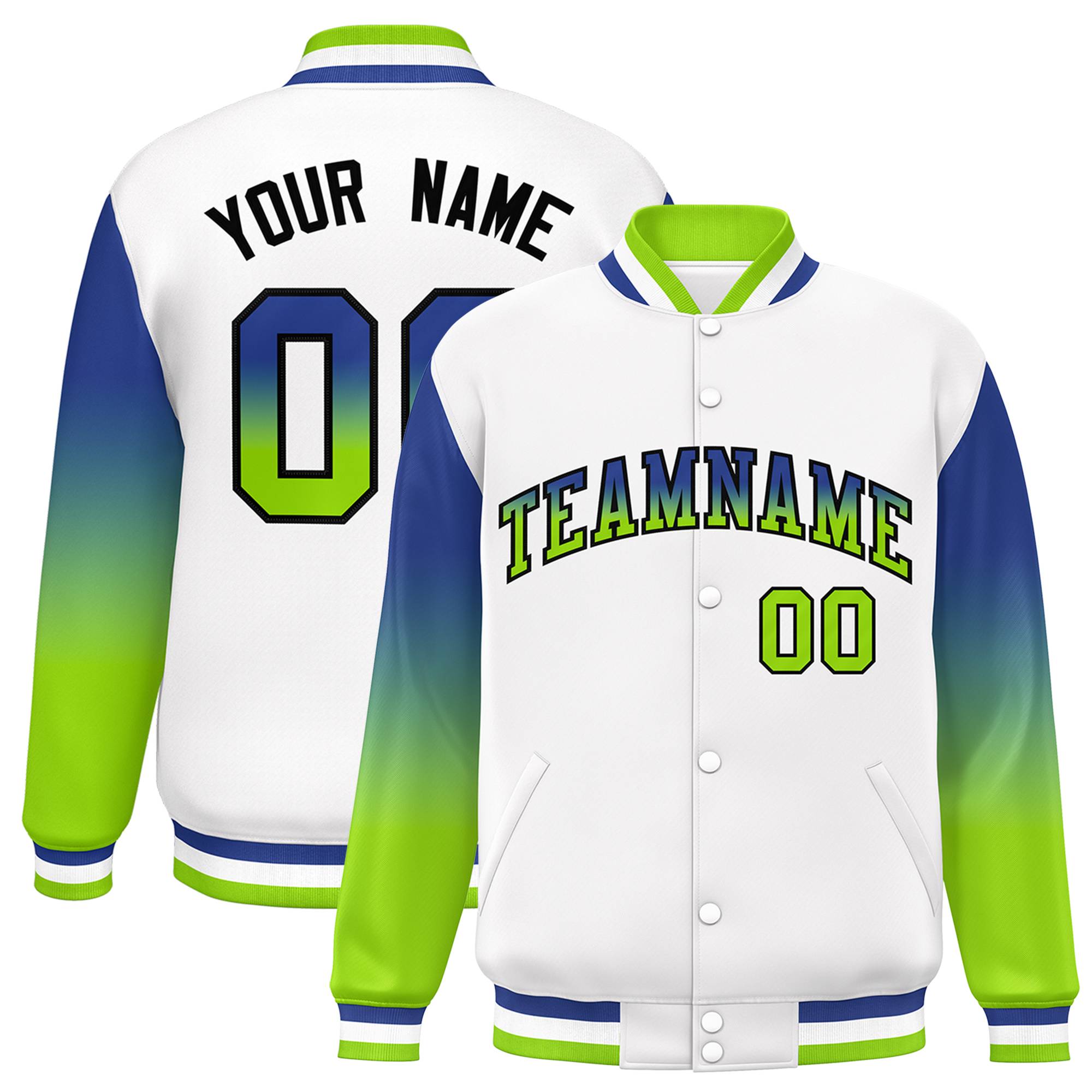 Custom White Royal-Green Gradient Varsity Full-Snap Raglan Sleeves Baseball Jacket